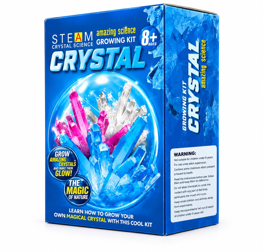 "Crystal Growing Kit angled view showing safety warning panel"
