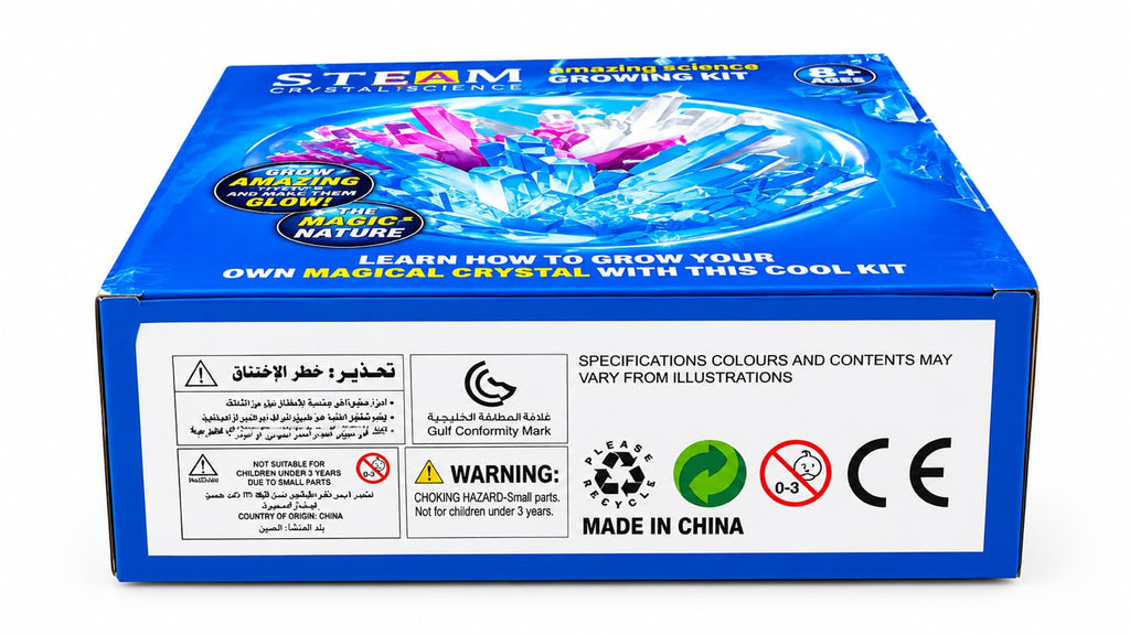 "Crystal Growing Kit box bottom with chemical safety and age warnings"