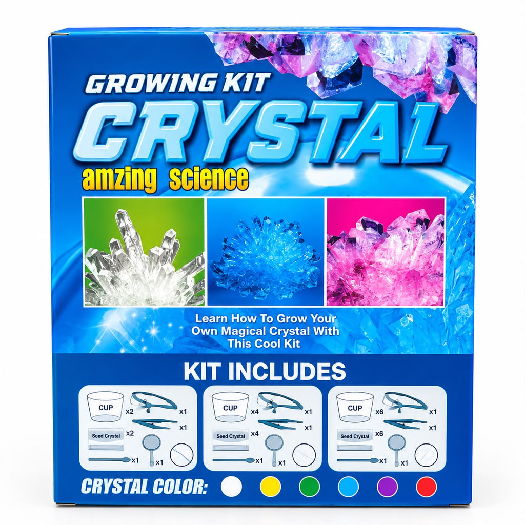 "Crystal Growing Kit box back showing kit contents and crystal colors"