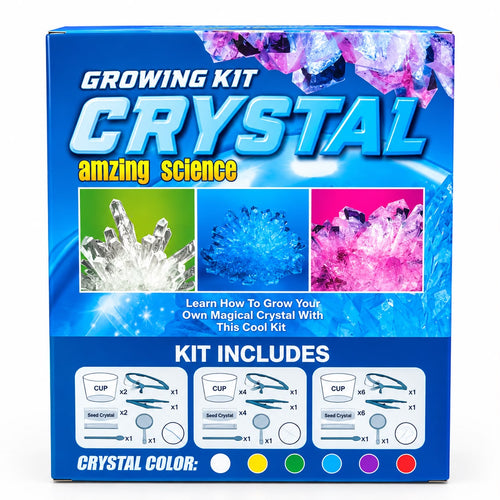 "Crystal Growing Kit box back showing kit contents and crystal colors"