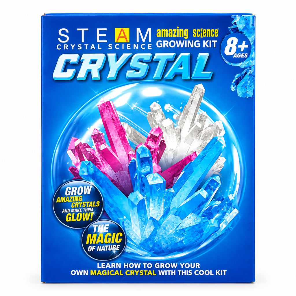 "Crystal Growing Kit front packaging with glowing pink and blue crystals"