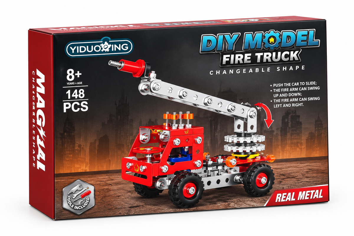 Kojo DIY Fire Truck angled packaging view with assembled model