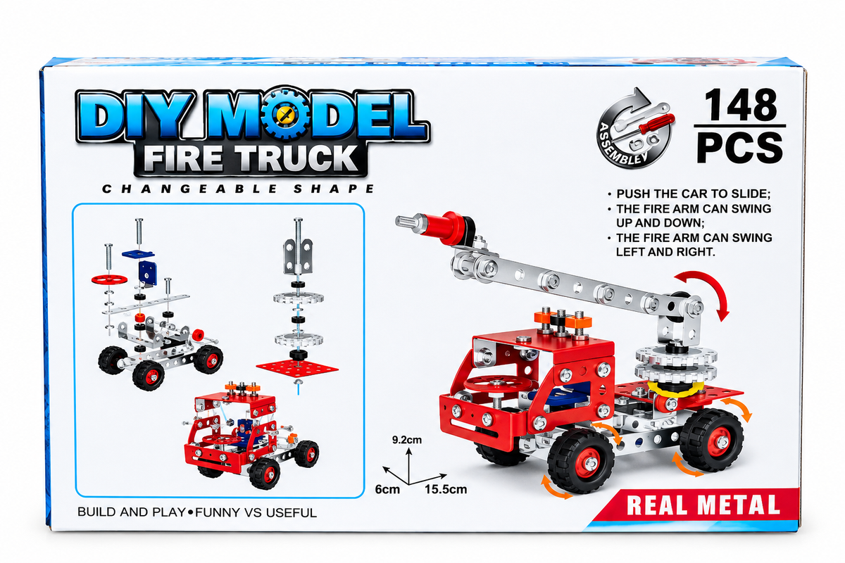 Kojo DIY Fire Truck box back showing build steps and crane movement features
