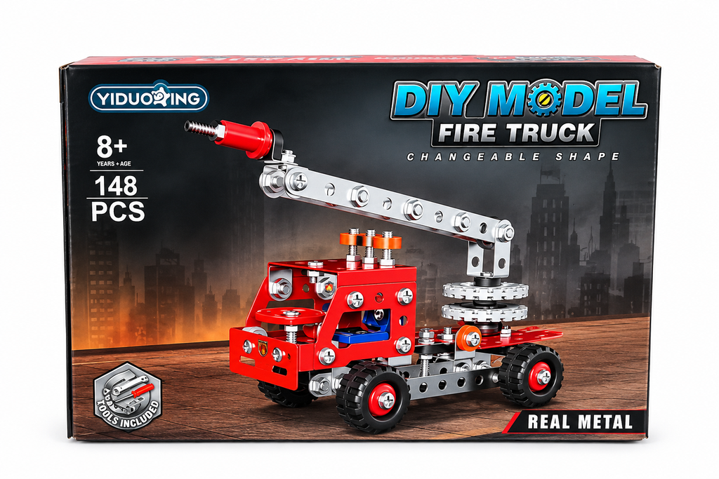Kojo DIY Model Fire Truck front packaging with real metal crane design