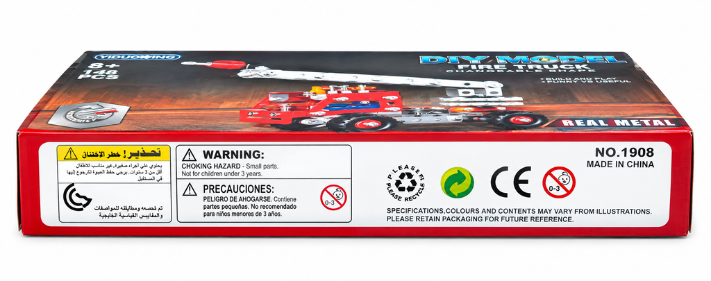 Kojo DIY Fire Truck box bottom with safety warnings and product details
