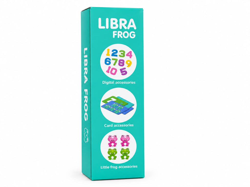 Box side showing what's included in the frog balance game: number pieces 1 to 10, double-sided game cards and mini pink and green frogs