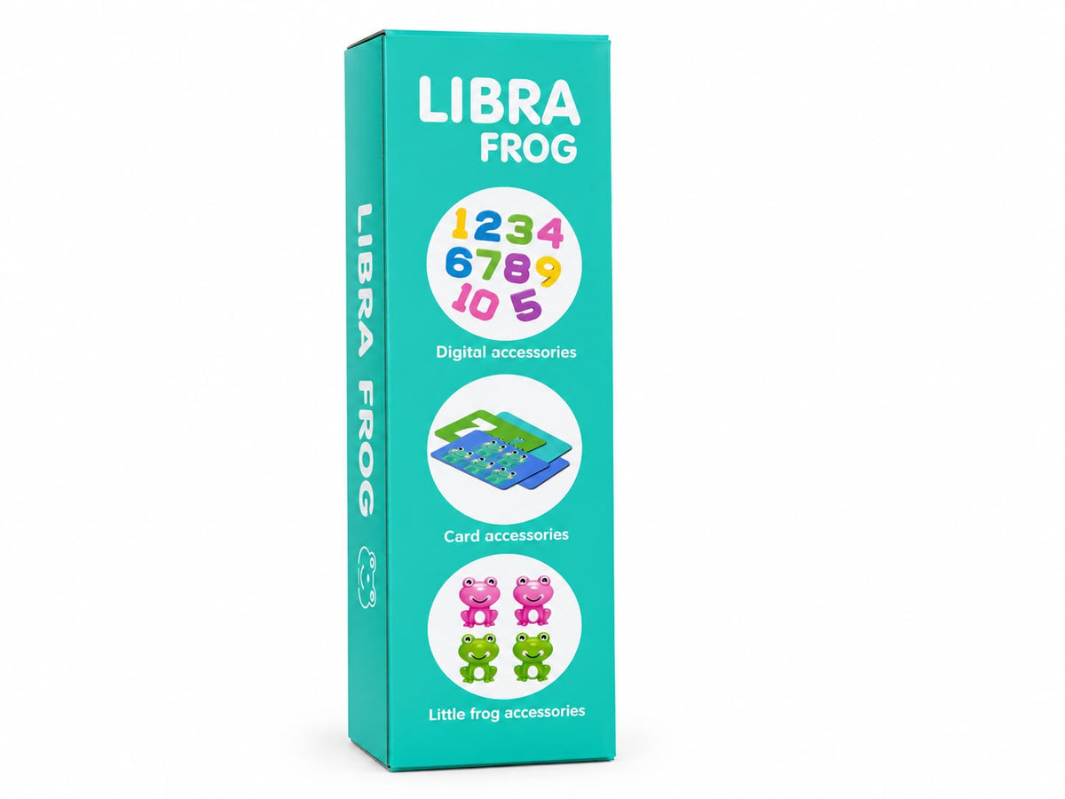Box side showing what's included in the frog balance game: number pieces 1 to 10, double-sided game cards and mini pink and green frogs