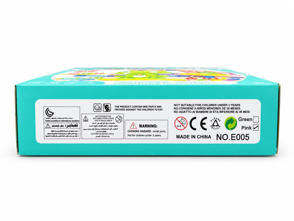Frog balance game box label with choking hazard warning for under 3 years, CE mark and colour option marked as pink