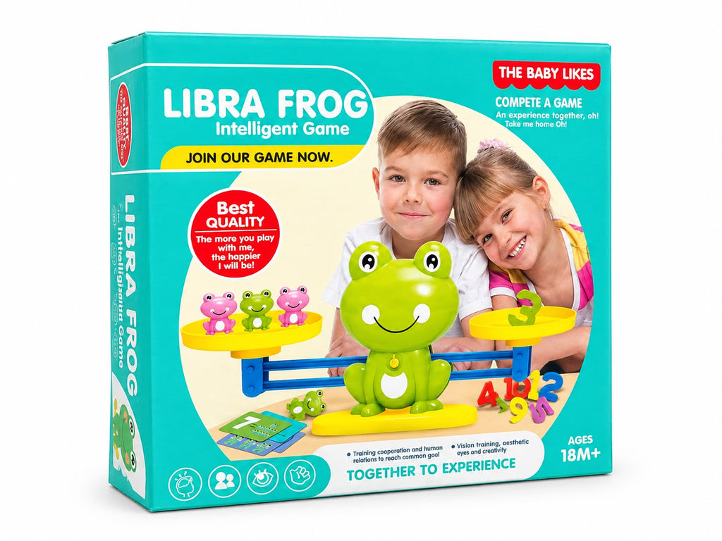 Green frog balance scale math game with mini frogs on one tray and a number 3 on the other, teaching kids to balance and count