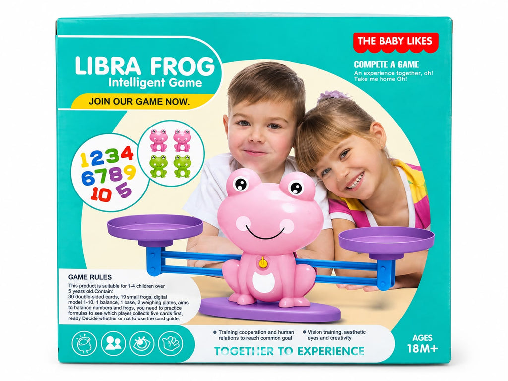 Frog balance math game box with a pink frog scale, number pieces and mini frogs, a counting and balancing toy for kids