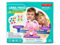 Frog balance math game box with a pink frog scale, number pieces and mini frogs, a counting and balancing toy for kids