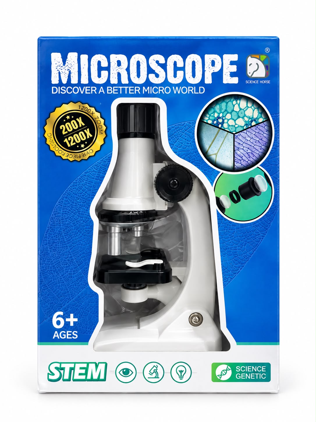 A boxed toy or educational microscope set on a plain white background. The retail package is blue with large white 'MICROSCOPE' text, a photo of a white and black microscope through a clear window, and feature callouts including '200X 1200X', '6+ AGES', 'STEM', and 'SCIENCE GENETIC'.