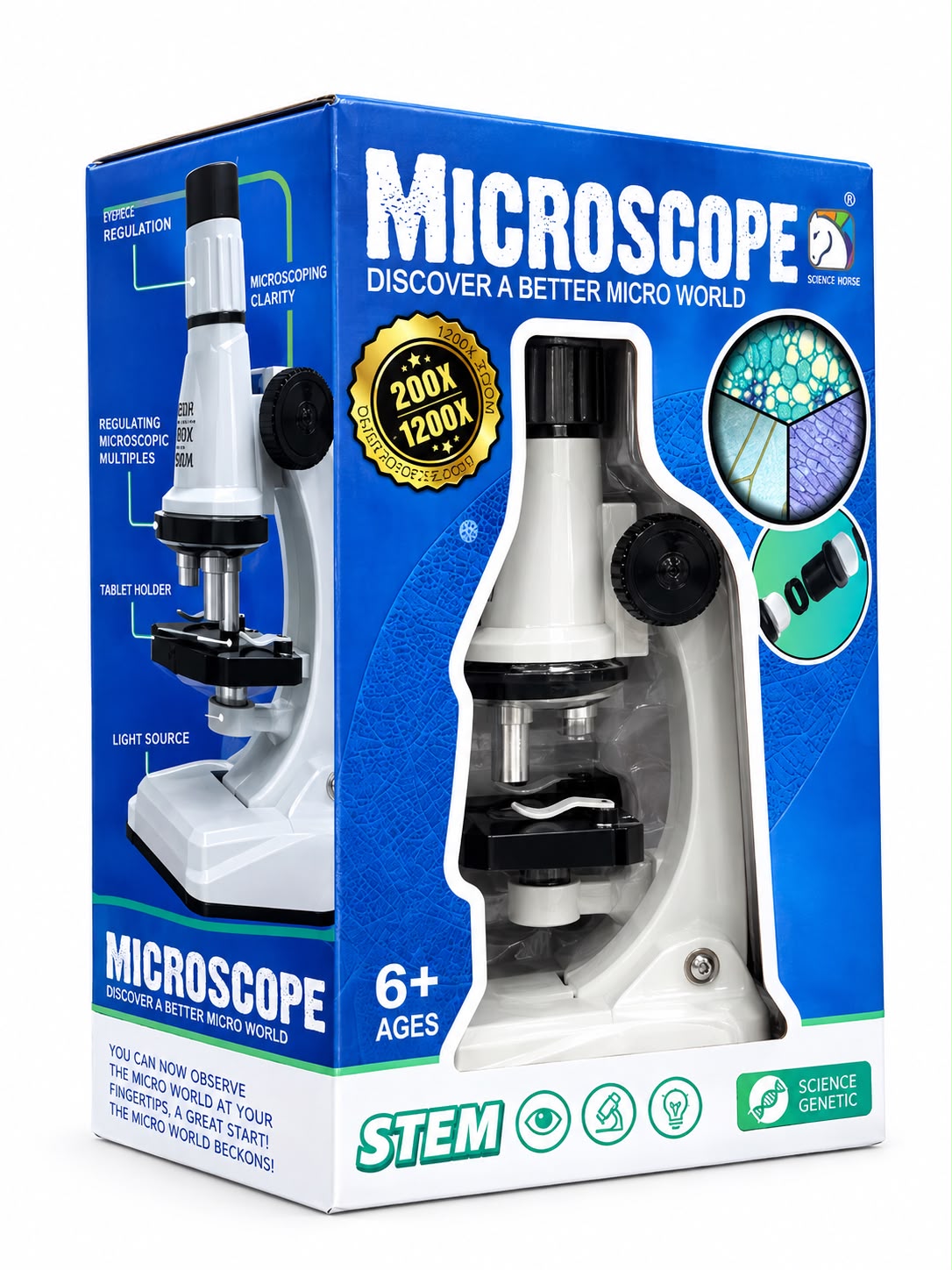 Back of microscope box showing 200x, 600x and 1200x magnification settings, an LED light under the stage and magnified plant cell images