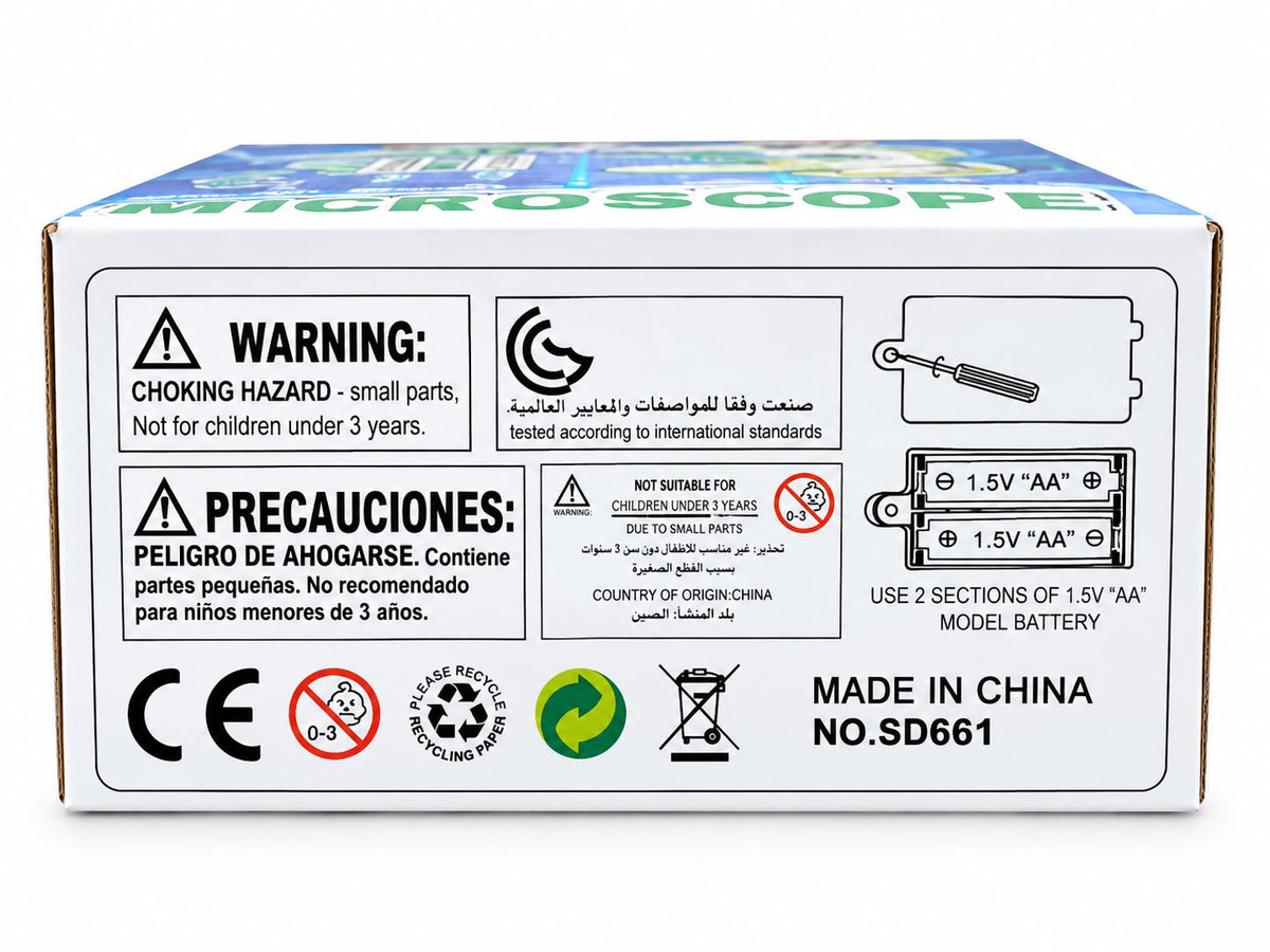 Microscope box label showing it runs on 2 AA batteries, with a choking hazard warning for under 3 years and the CE mark