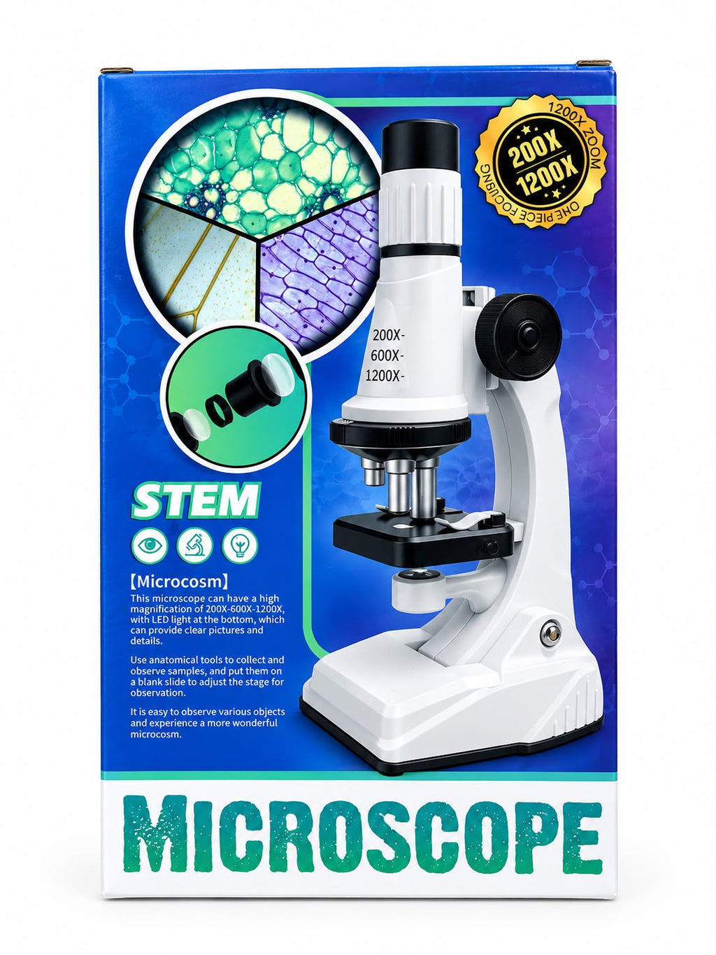 Microscope kit parts list: 2 specimen bottles, a prepared slide, 3 blank slides, spoon, tweezers, dissecting needle and dropper