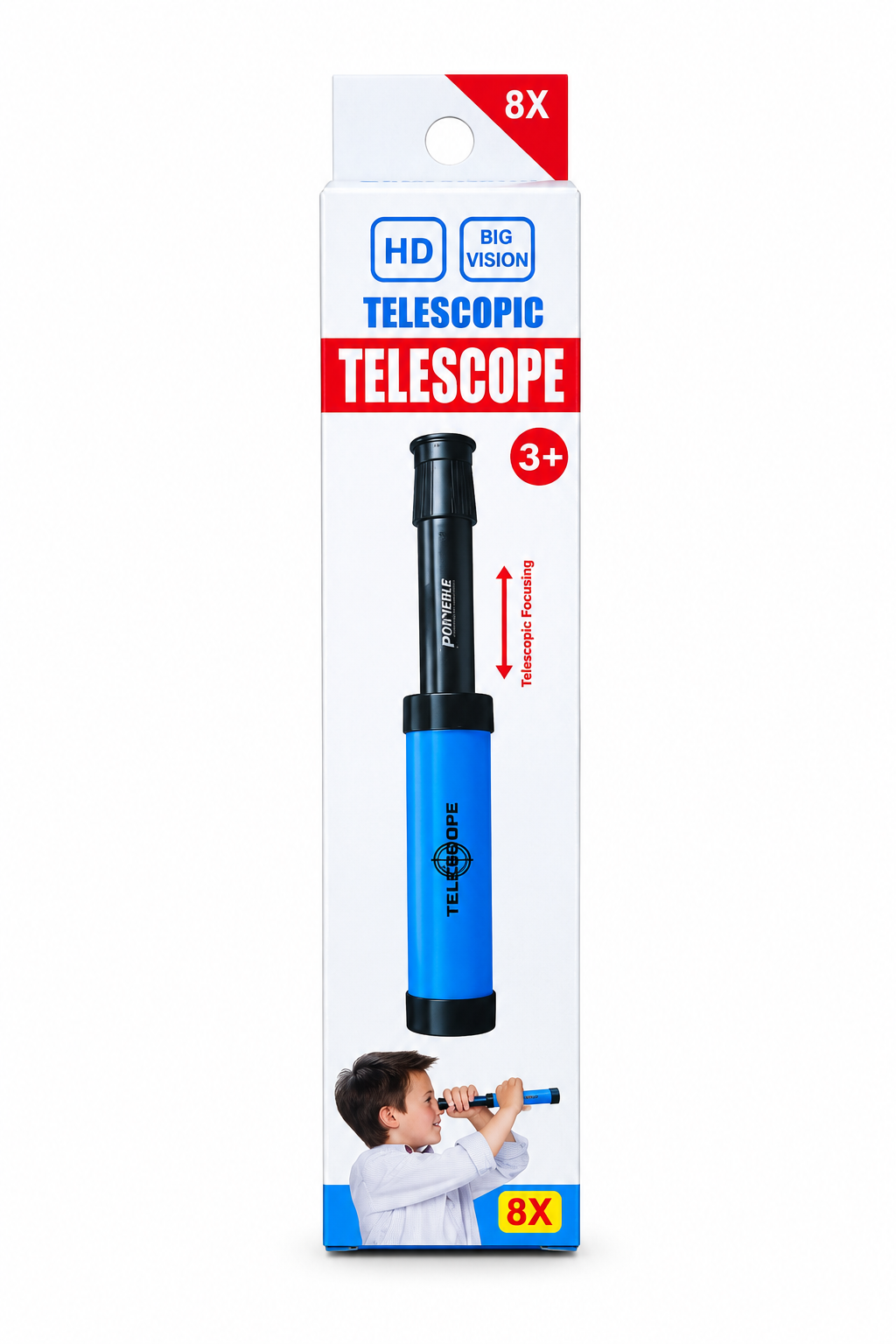 Kojo HD Kids Telescope blue variant front packaging with 8X zoom