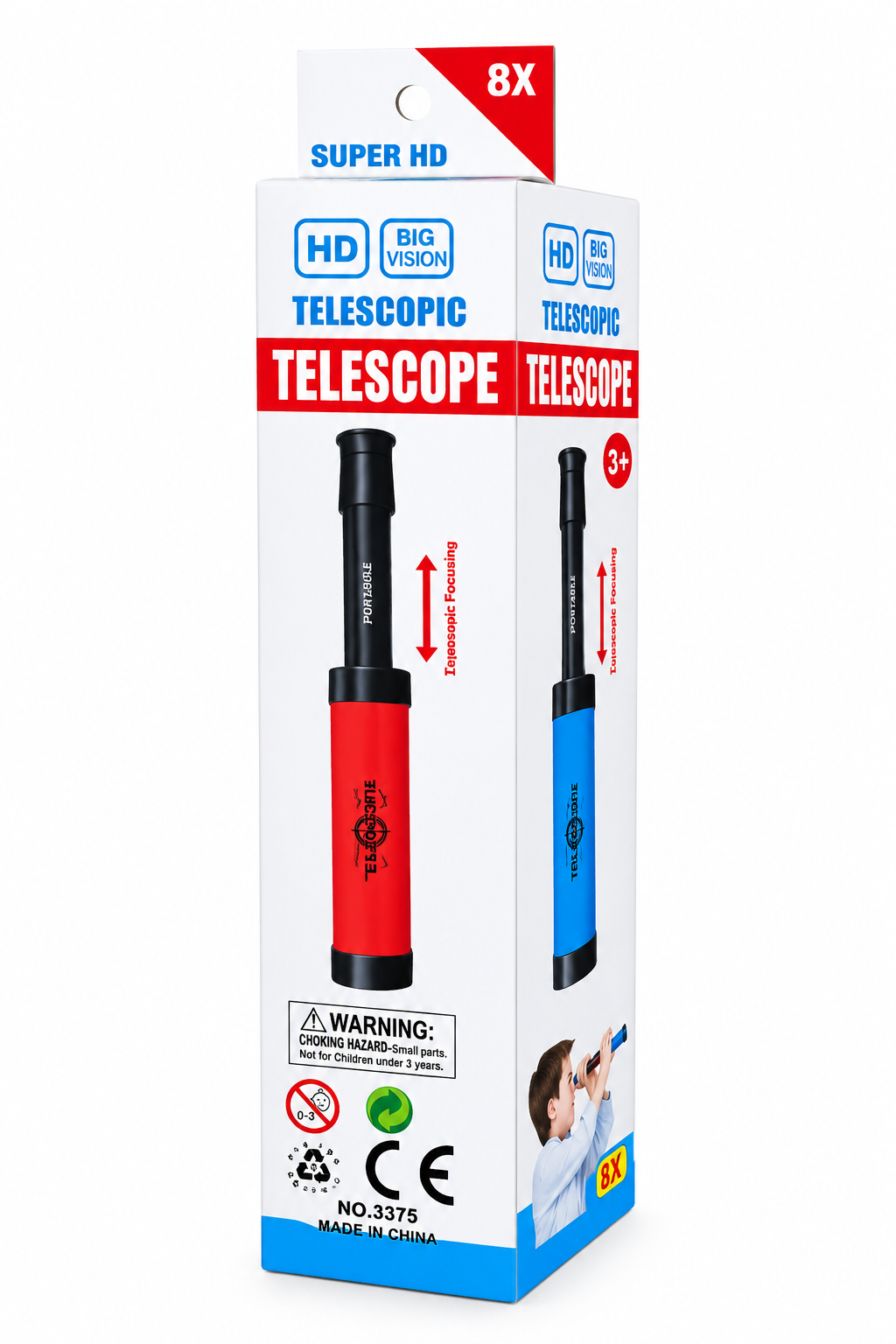 Kojo Kids Telescope box angled view showing red and blue color options