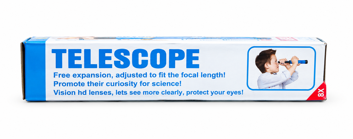 Kojo Telescope box side panel describing focusing and vision features