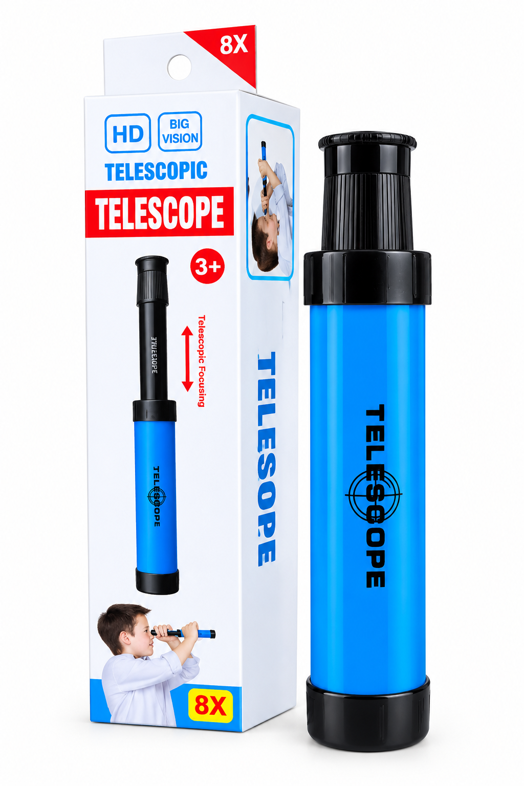 Kojo HD Telescope box beside the actual blue telescope toy