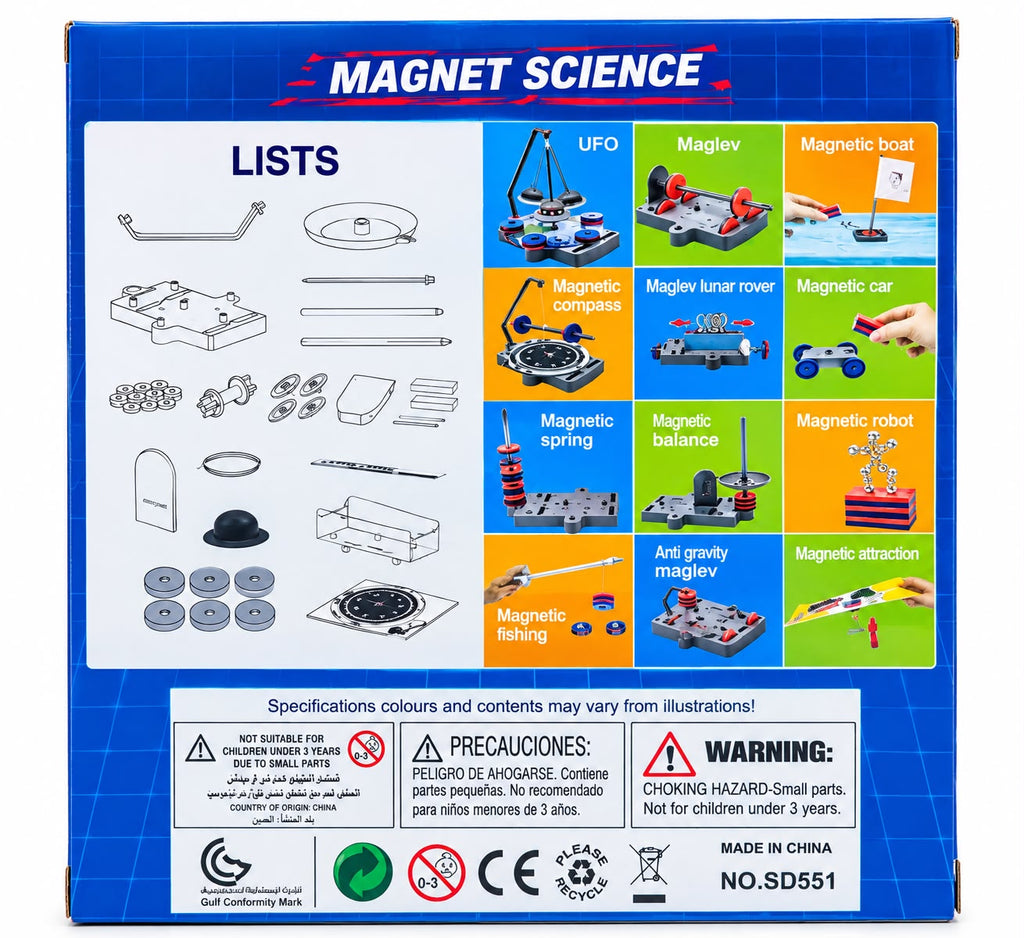 Box back showing the parts list and all 12 magnet experiments, including UFO, maglev, magnetic boat, compass, magnetic car, fishing and robot