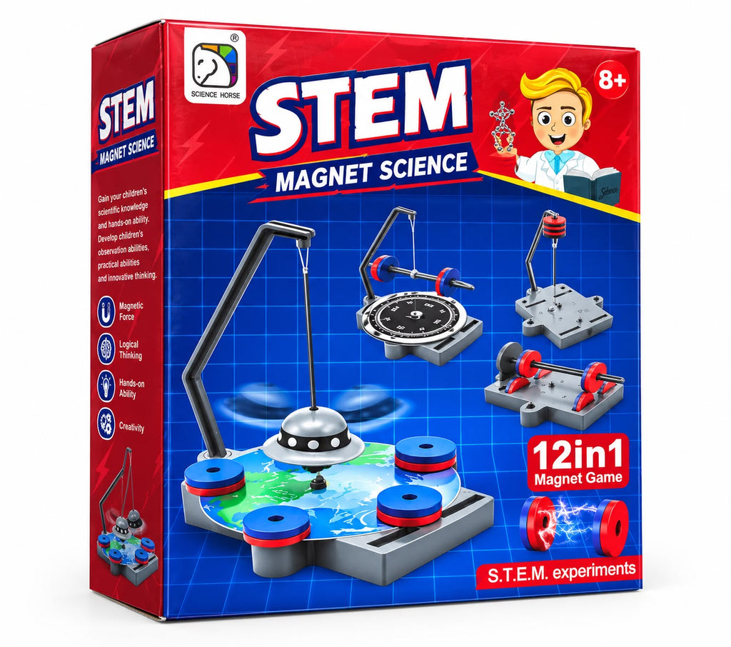 12-in-1 magnet science kit box showing a spinning magnetic UFO, magnetic compass and maglev experiments, a STEM toy for ages 8+