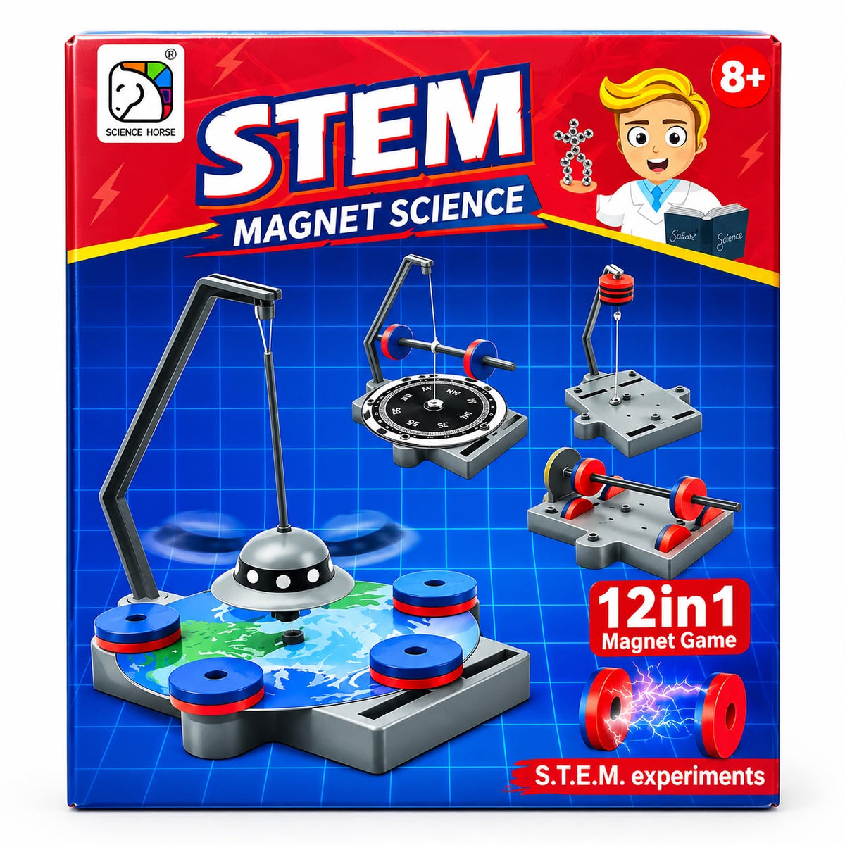Magnet science kit box from an angle, with the side panel listing skills built: magnetic force, logical thinking, hands-on ability and creativity