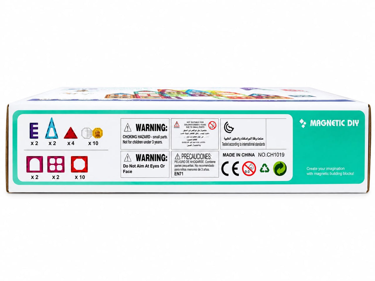 Box side panel showing the 32 magnetic tile pieces included: squares, triangles, windows, doors and picture cards, plus small-parts safety warning