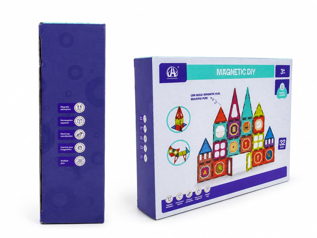 Magnetic tiles 32-piece set in a purple gift box, side and front view, a STEM building toy for children