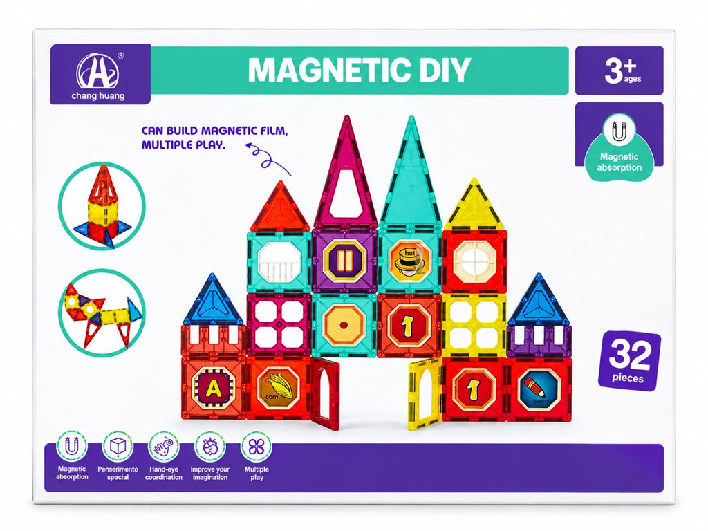 Magnetic DIY building blocks box listing learning benefits: spatial imagination, logical thinking and creative play, for kids 3+