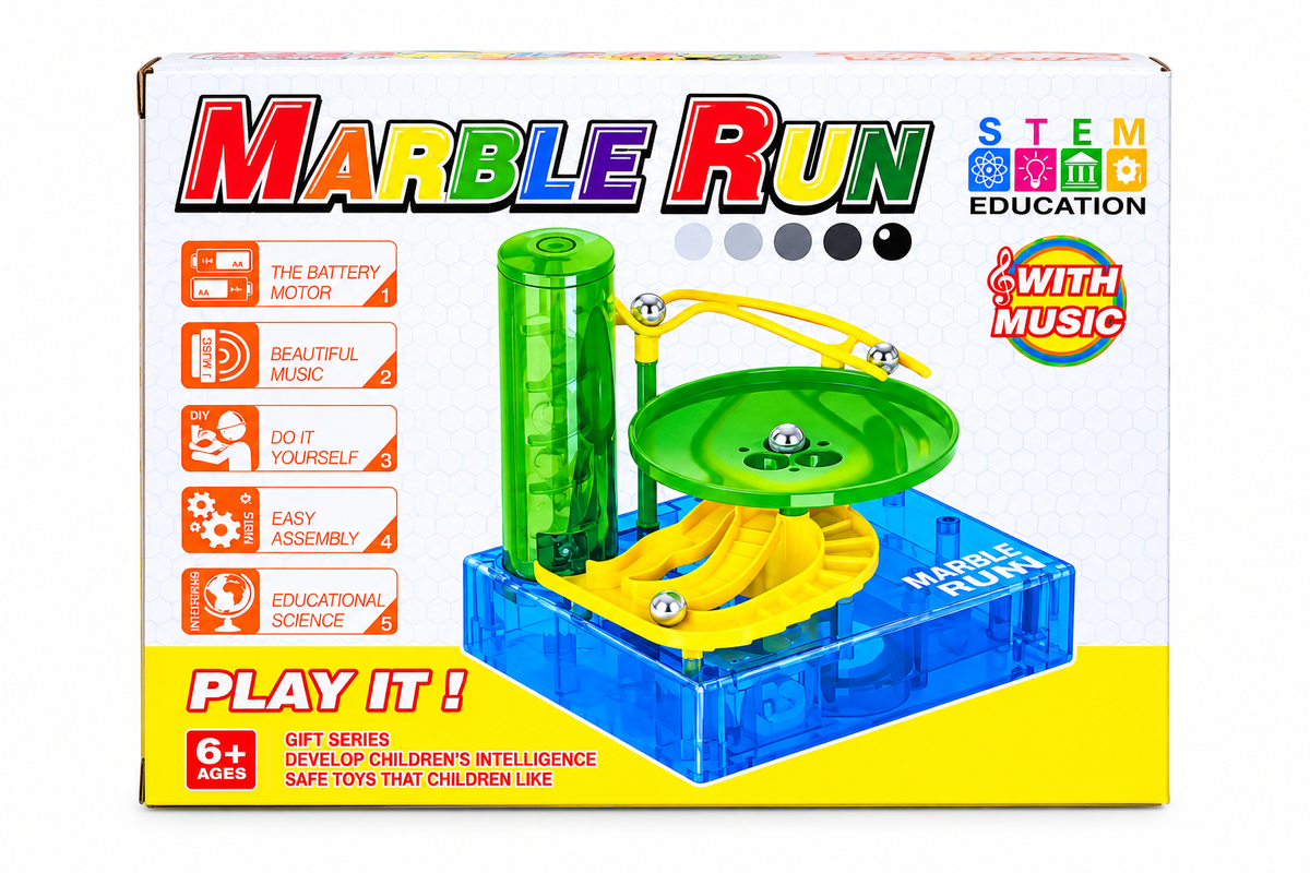 Kojo Marble Run box back view with turnplate and spiral tower design