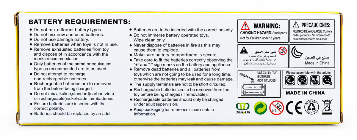 Kojo Marble Run box bottom showing battery requirements and safety warnings