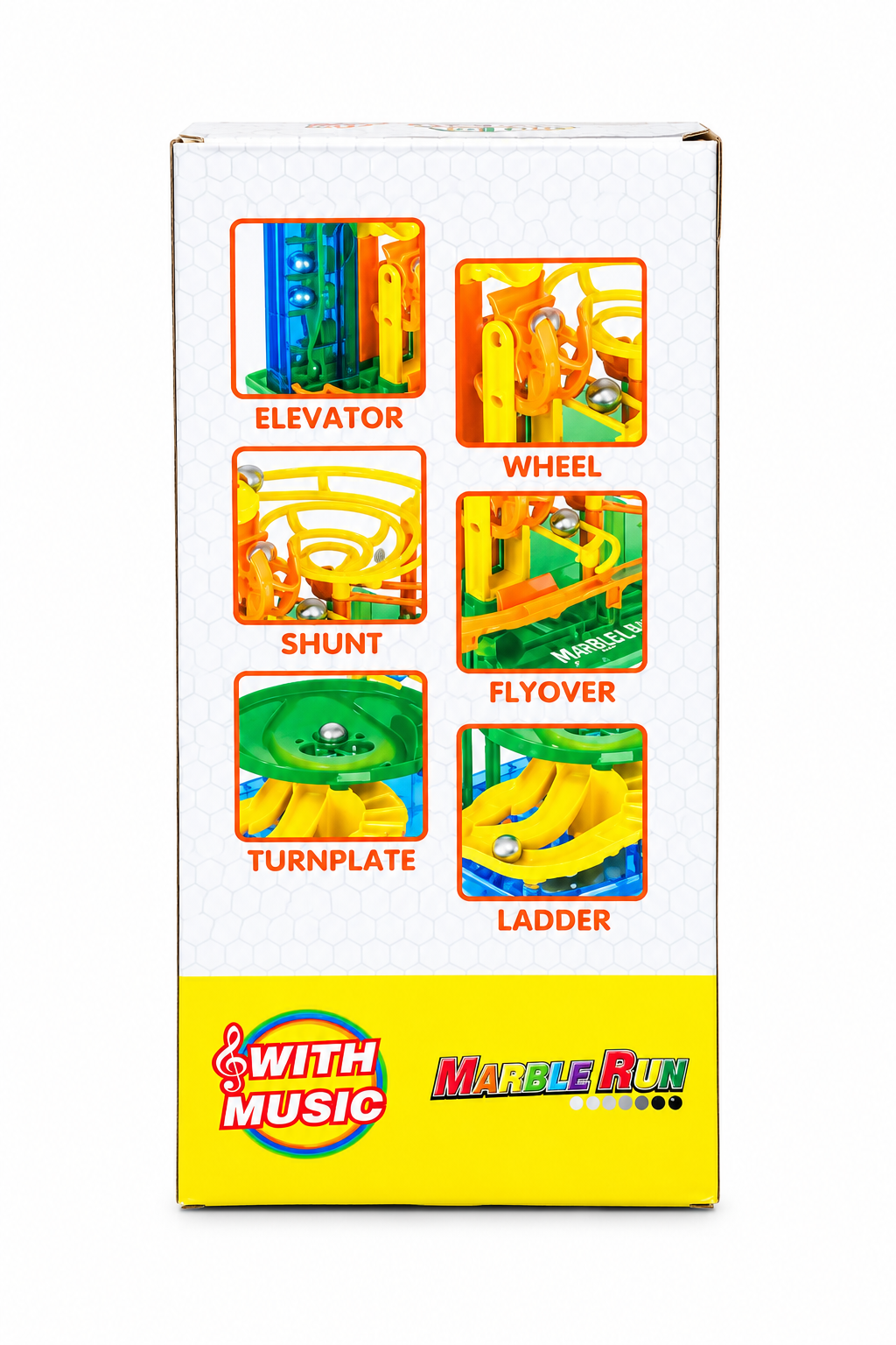Kojo Marble Run box side showing elevator, wheel, shunt and ladder features