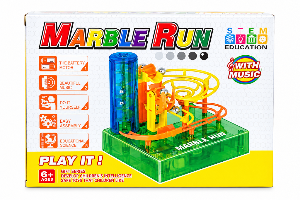 Kojo Marble Run STEM toy box front with spiral track and music feature