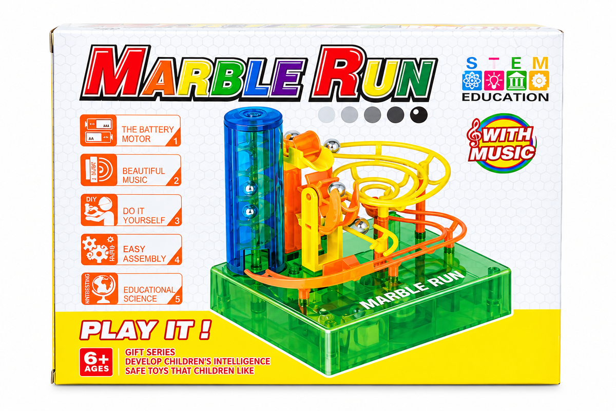 Kojo Marble Run STEM toy box front with spiral track and music feature