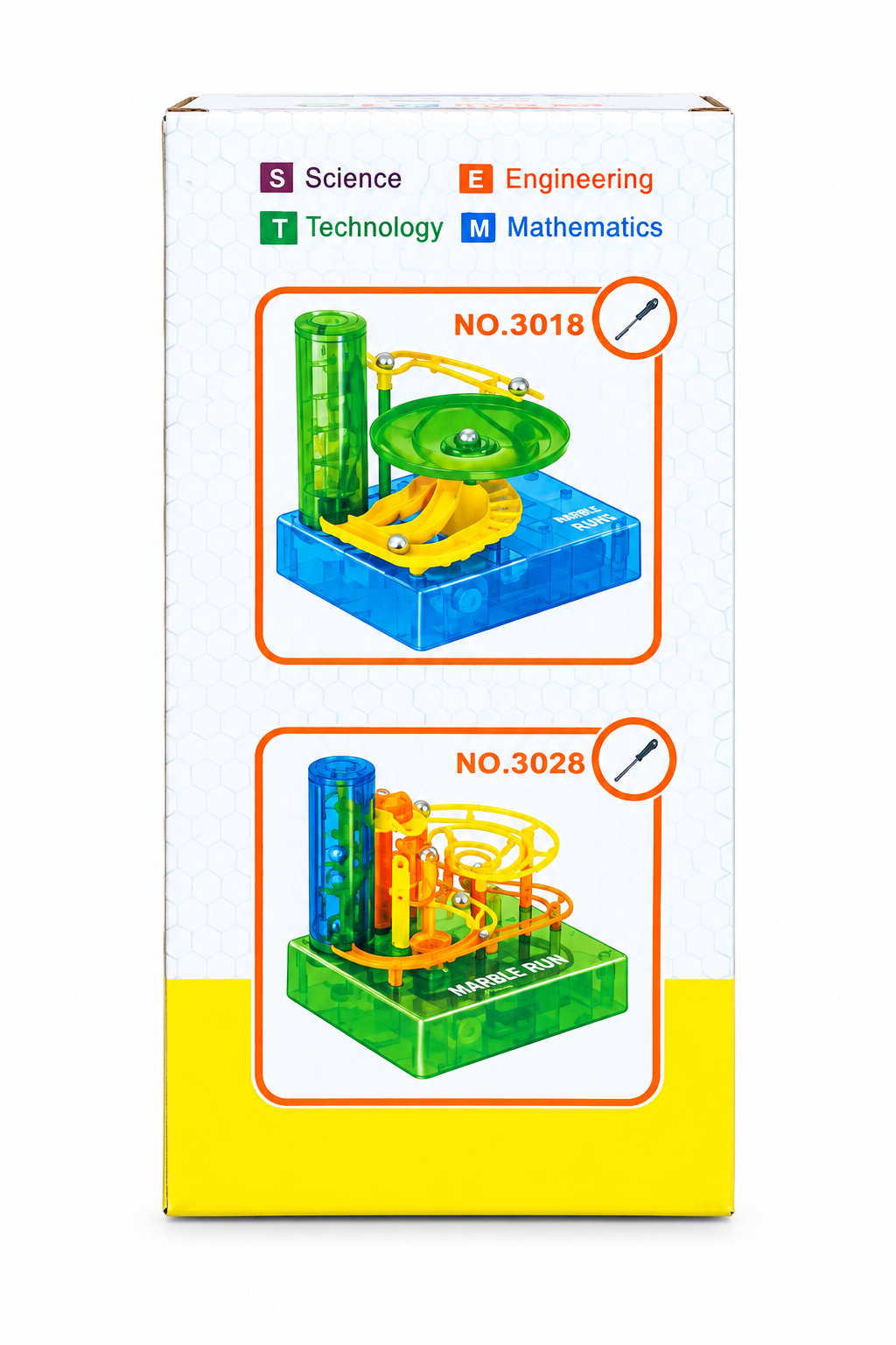 Kojo Marble Run box side showing STEM breakdown and product model details