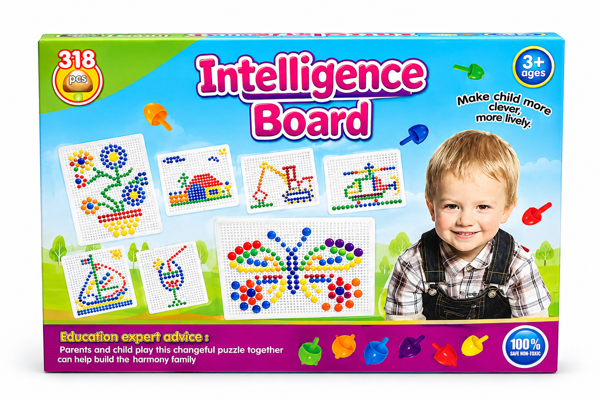 Mushroom peg board mosaic set box showing colourful peg pictures of a butterfly, flowers, a house and a helicopter, 318 pieces for ages 3+