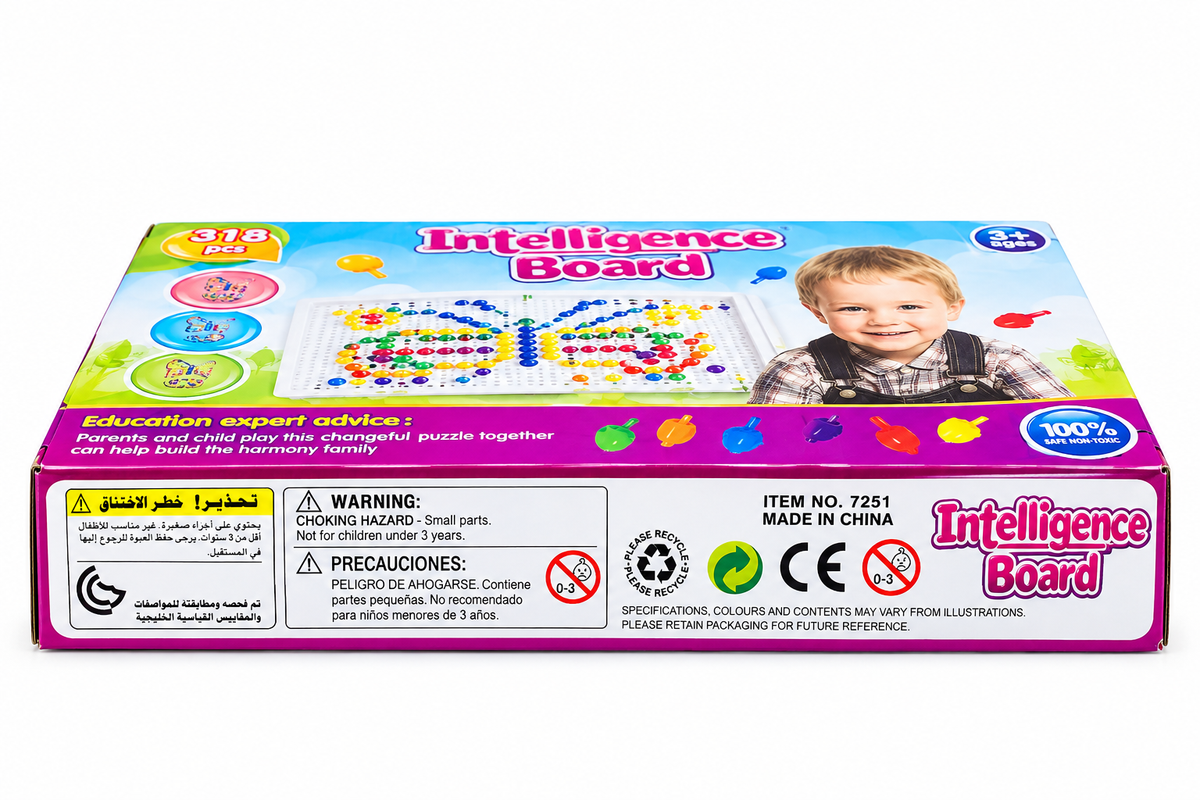 Peg board set box label with a small-parts choking warning for under 3 years and the CE mark