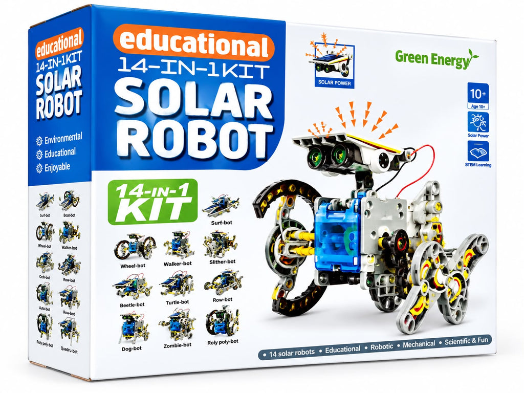 14-in-1 solar robot kit box showing a solar-powered robot dog built from the kit, a STEM building toy for kids aged 10+