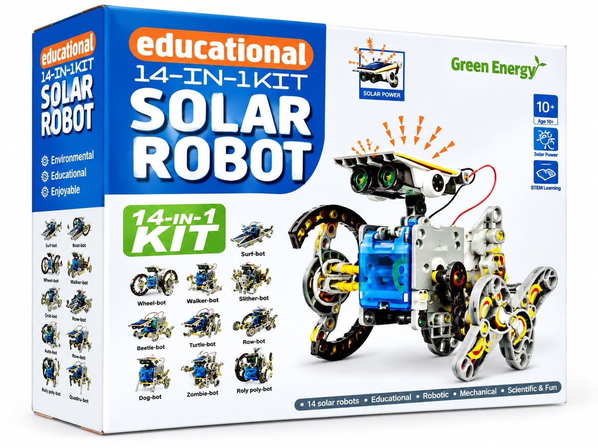 14-in-1 solar robot kit box showing a solar-powered robot dog built from the kit, a STEM building toy for kids aged 10+