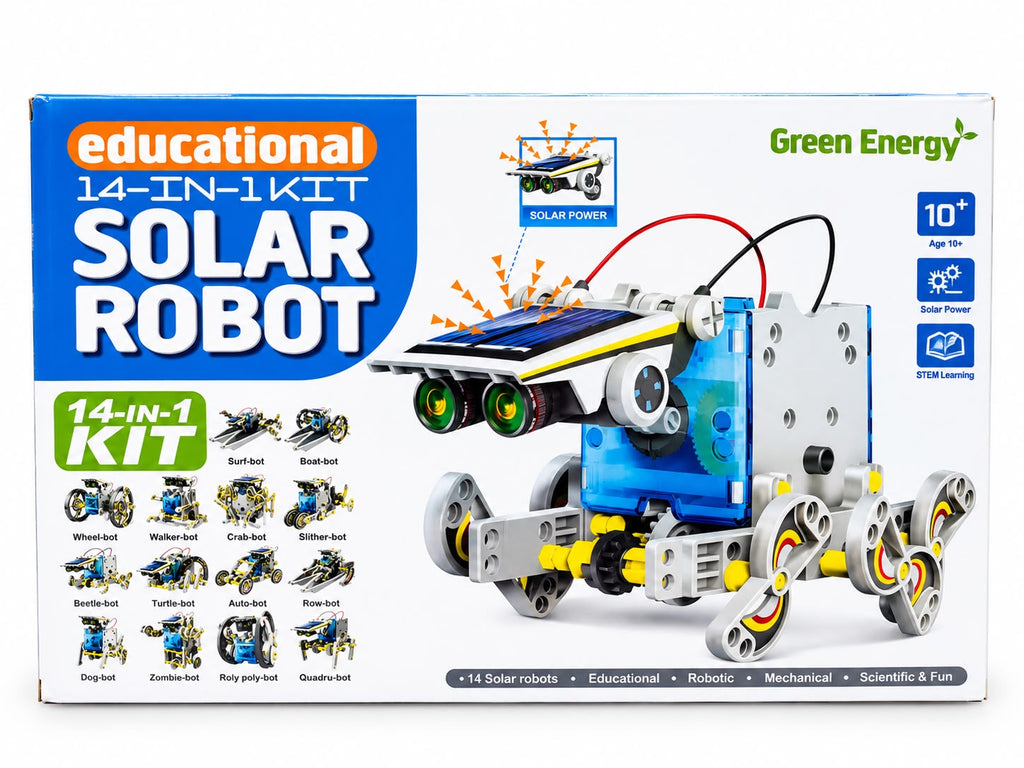 Solar robot kit box showing all 14 buildable models, including wheel-bot, walker-bot, beetle-bot, zombie-bot and roly poly-bot