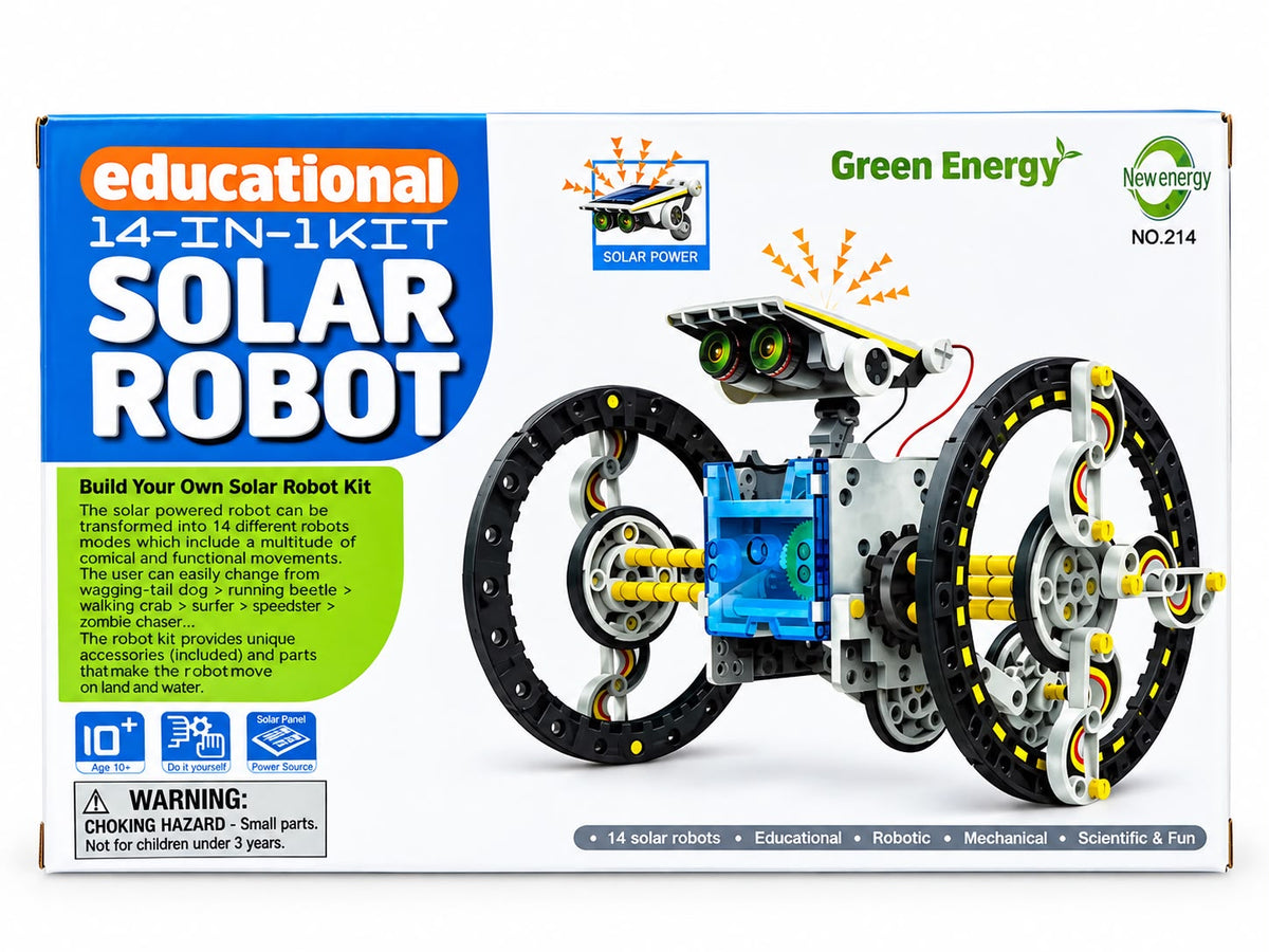 Back of solar robot kit box showing the wheel-bot model and explaining how one solar robot rebuilds into 14 different moving robots