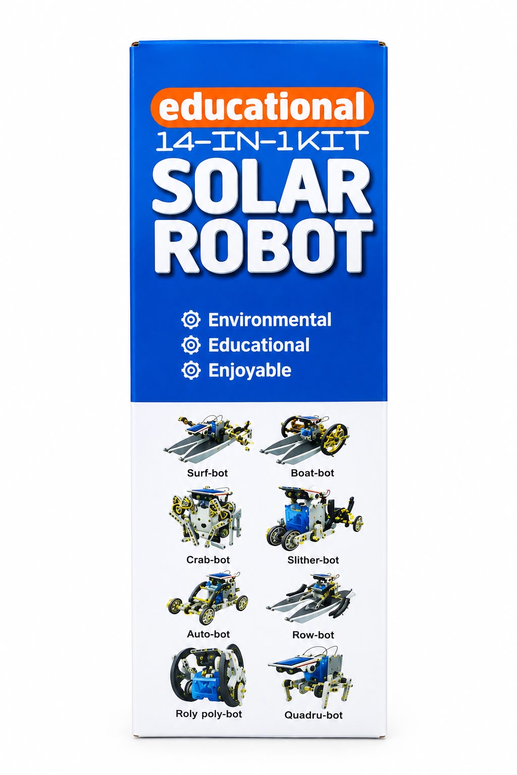 Box side showing eight solar robot builds, including surf-bot, boat-bot, crab-bot, auto-bot and quadru-bot