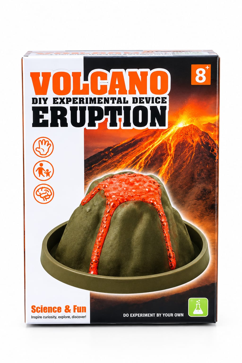 Volcano Eruption DIY kit front packaging with erupting lava design