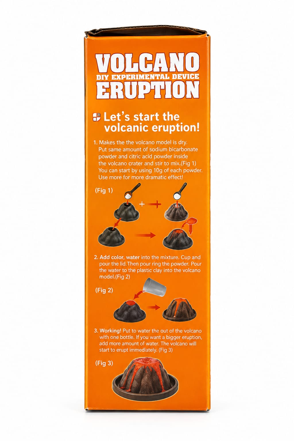 Volcano Eruption kit side panel showing step by step experiment instructions
