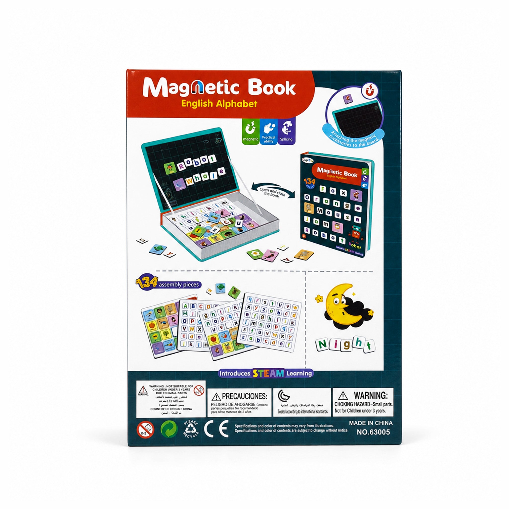 Kojo magnetic alphabet book open view showing 134 letter pieces and word examples