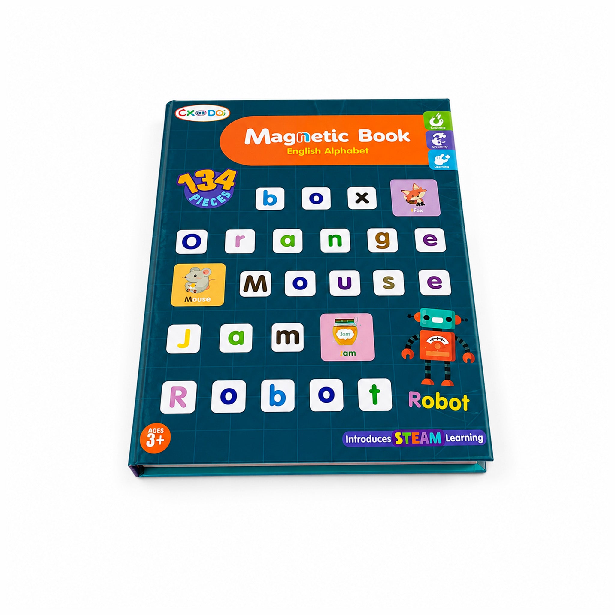 Kojo magnetic alphabet book front view, 134-piece letter set for kids 3+
