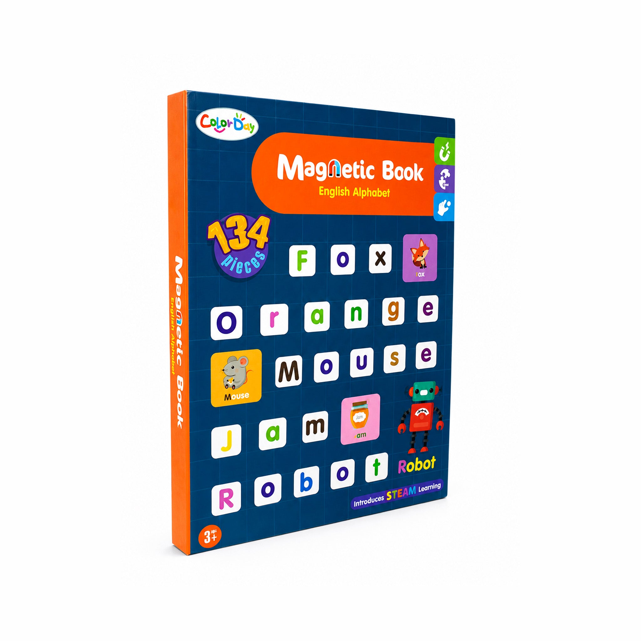 Kojo magnetic alphabet book angled view, 134 pieces with fox, orange, mouse, robot letter tiles