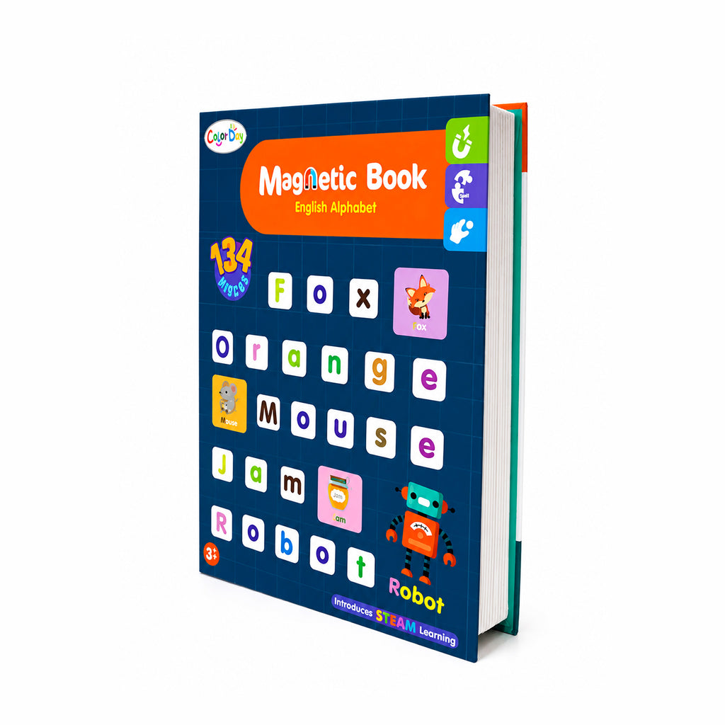 Kojo magnetic alphabet book standing upright, 134-piece letter set with visible pages
