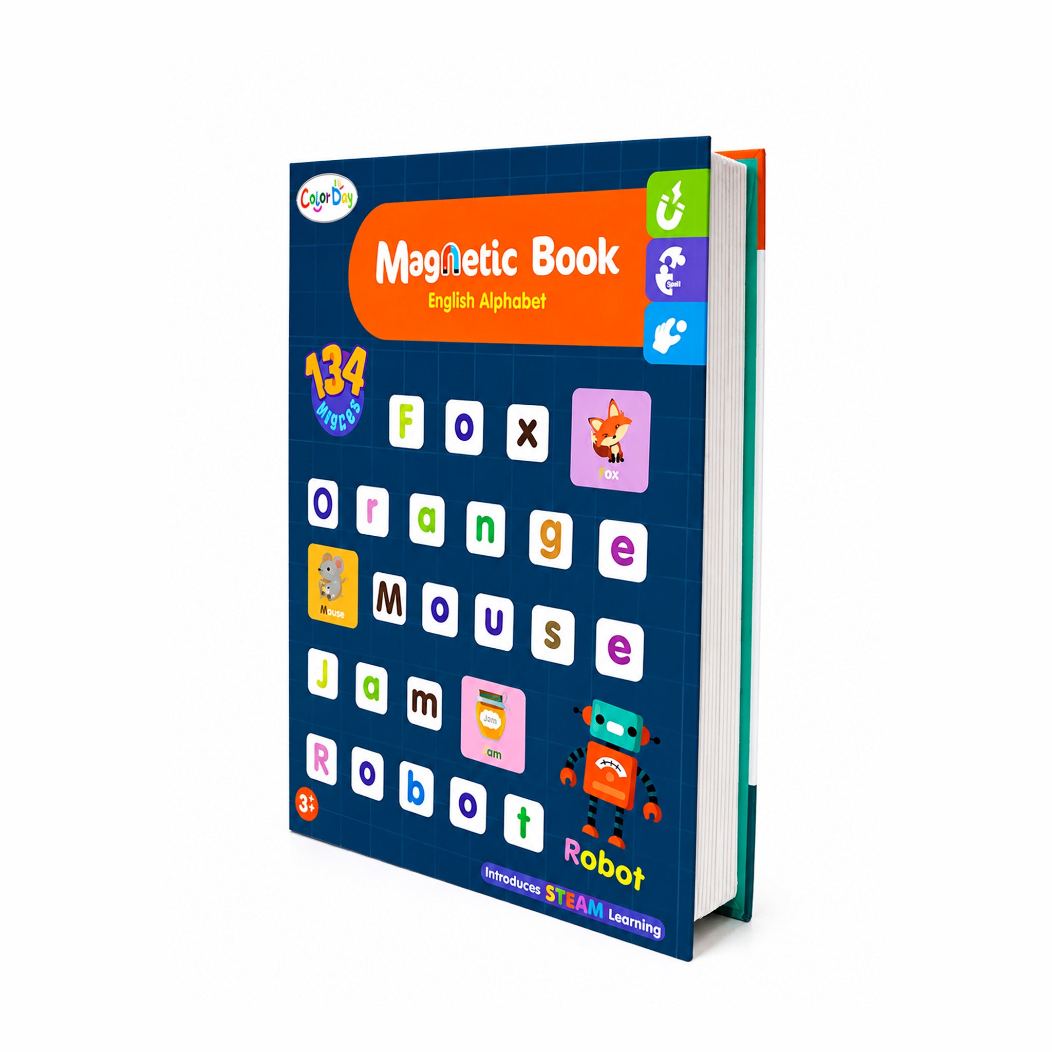 Kojo magnetic alphabet book standing upright, 134-piece letter set with visible pages
